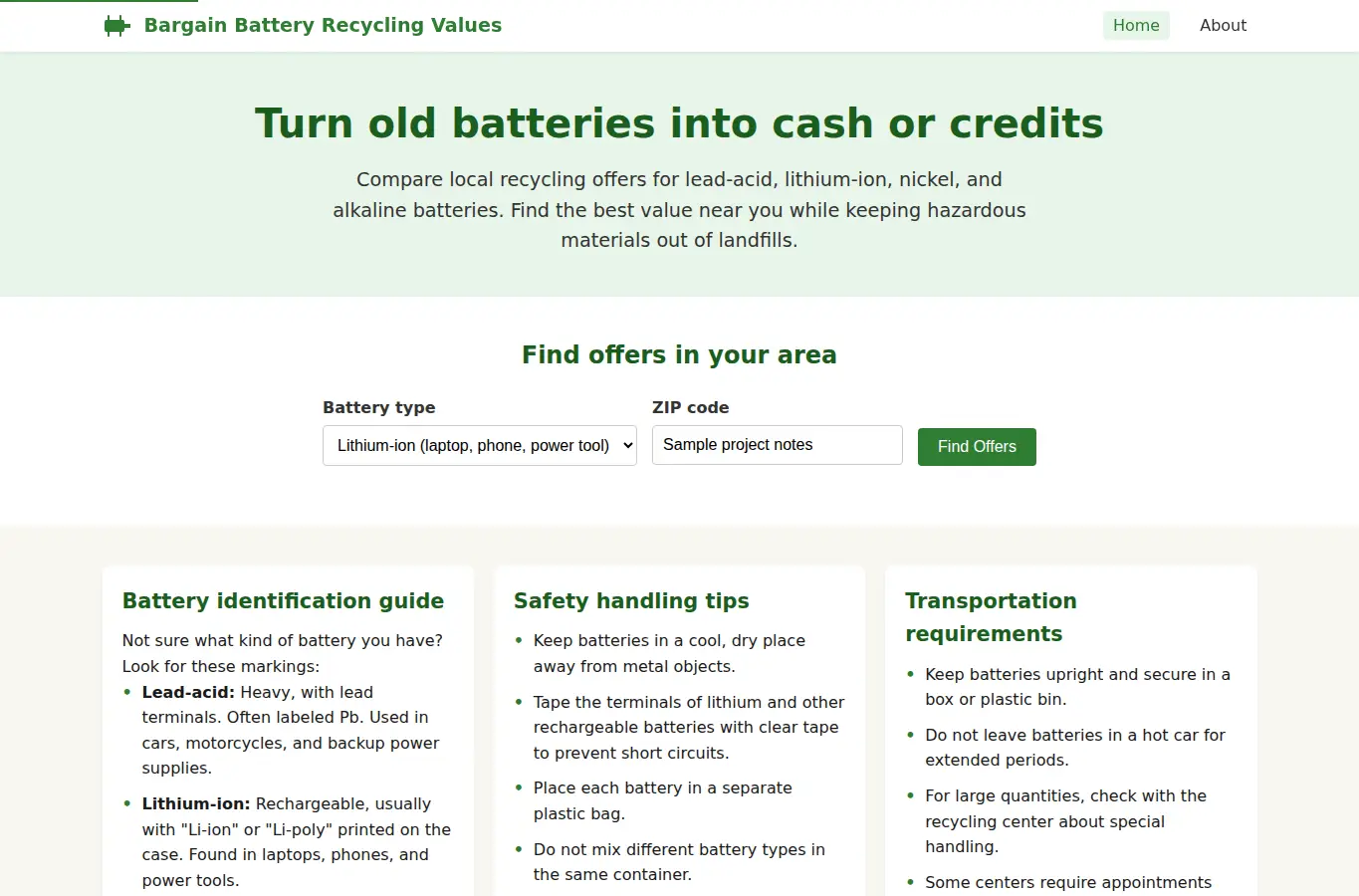 Screenshot of Bargain Battery Recycling Values interface showing the project page in use